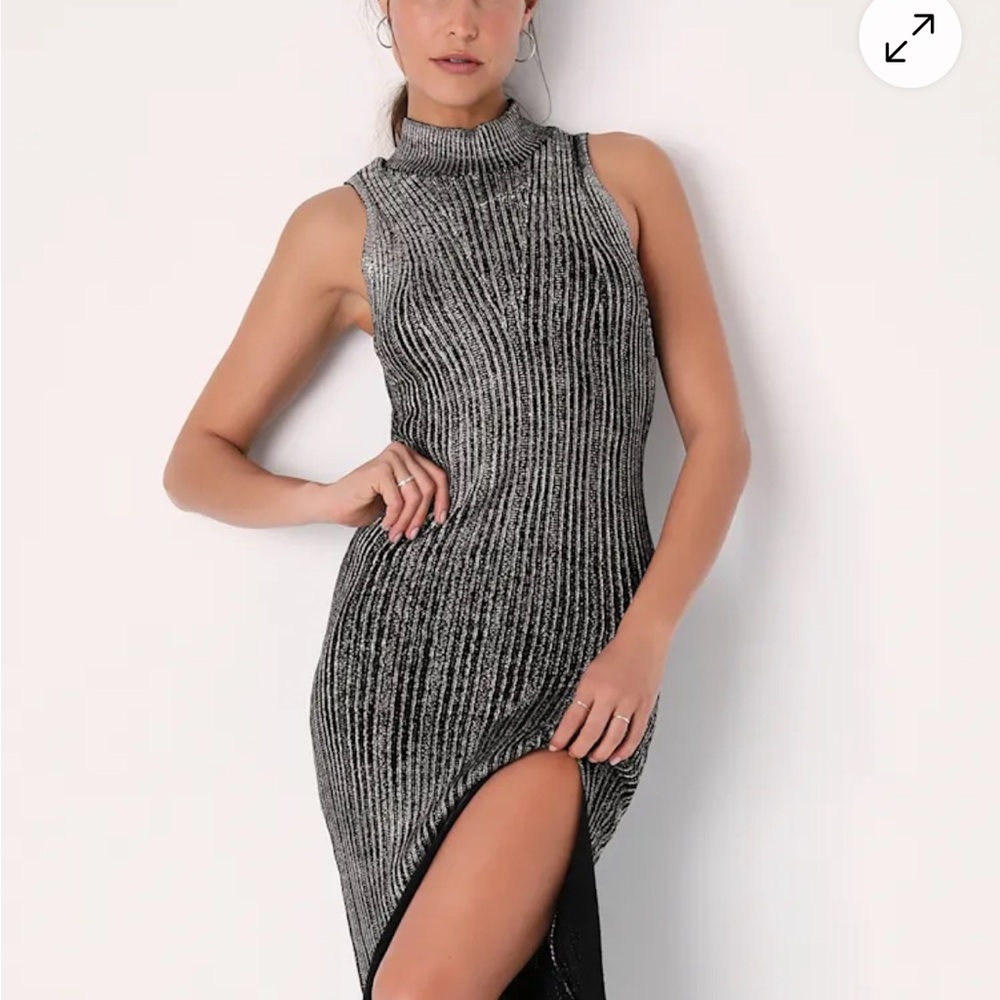 Lulu’s Metallic Silver and Black Sleeveless Sweater Dress - Picture 6 of 6
